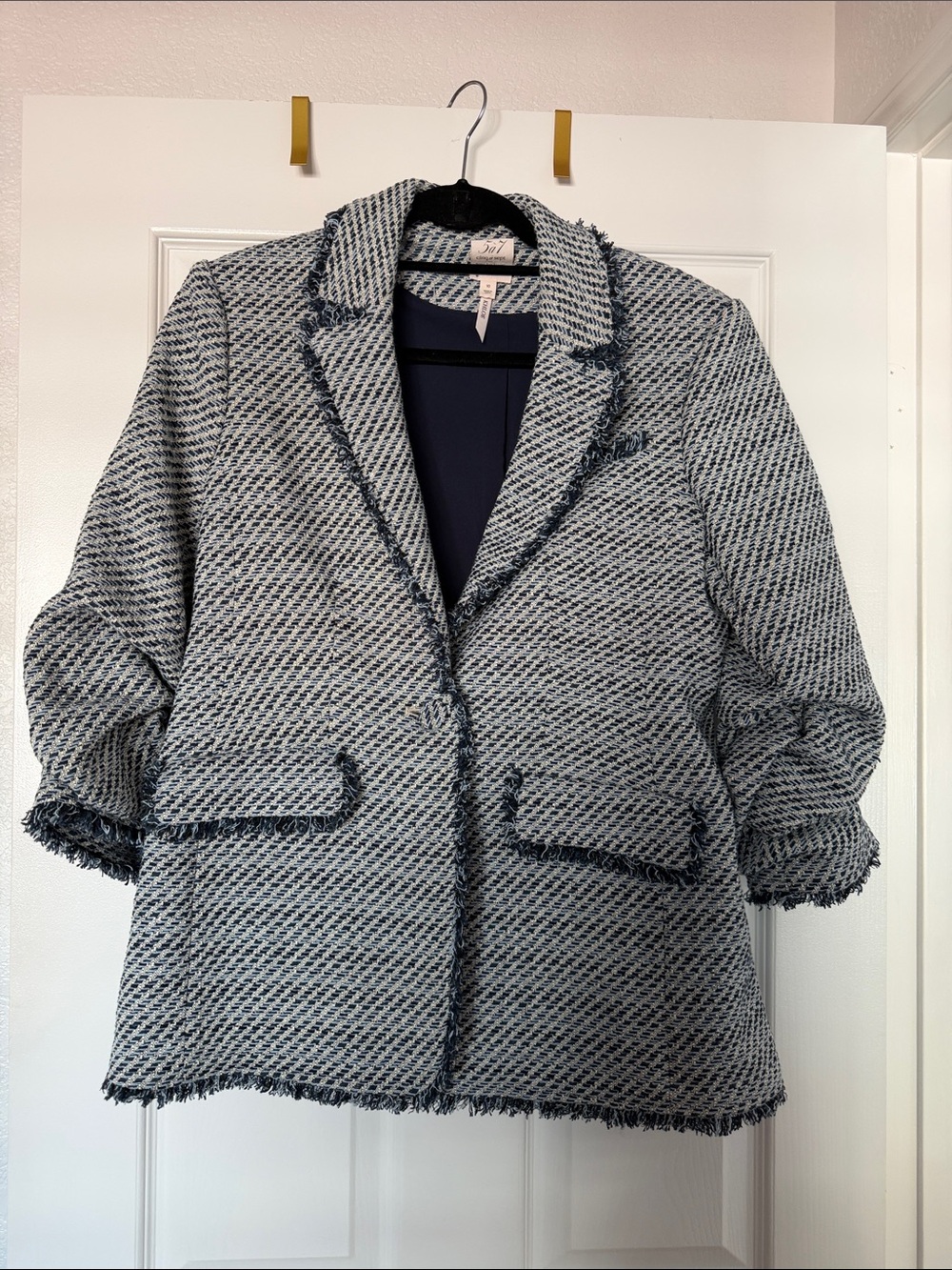 cinq a sept Navy and White Tweed Blazer